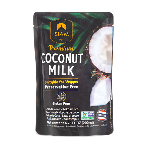 Packaging of Siam Premium Coconut Milk with coconut image on a white background