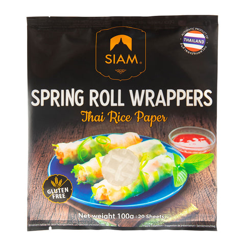 Packaging of Siam brand spring roll wrappers with a visual of spring rolls on a plate.